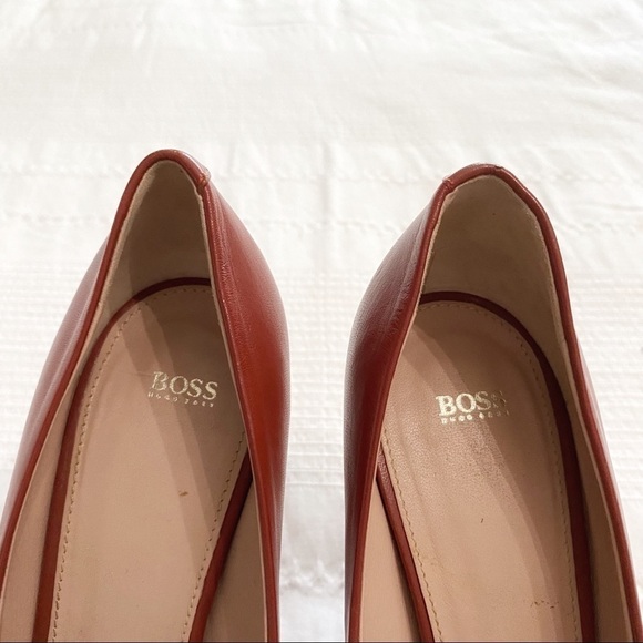 HUGO BOSS COGNAC BROWN LEATHER PEEP TOE HIGH HEELS - 38 - Picture 6 of 13